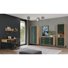 Kumode ar atvilknēm un durvīm DANTE DT08, Ozols cremona/Zaļš matēts/Zelts